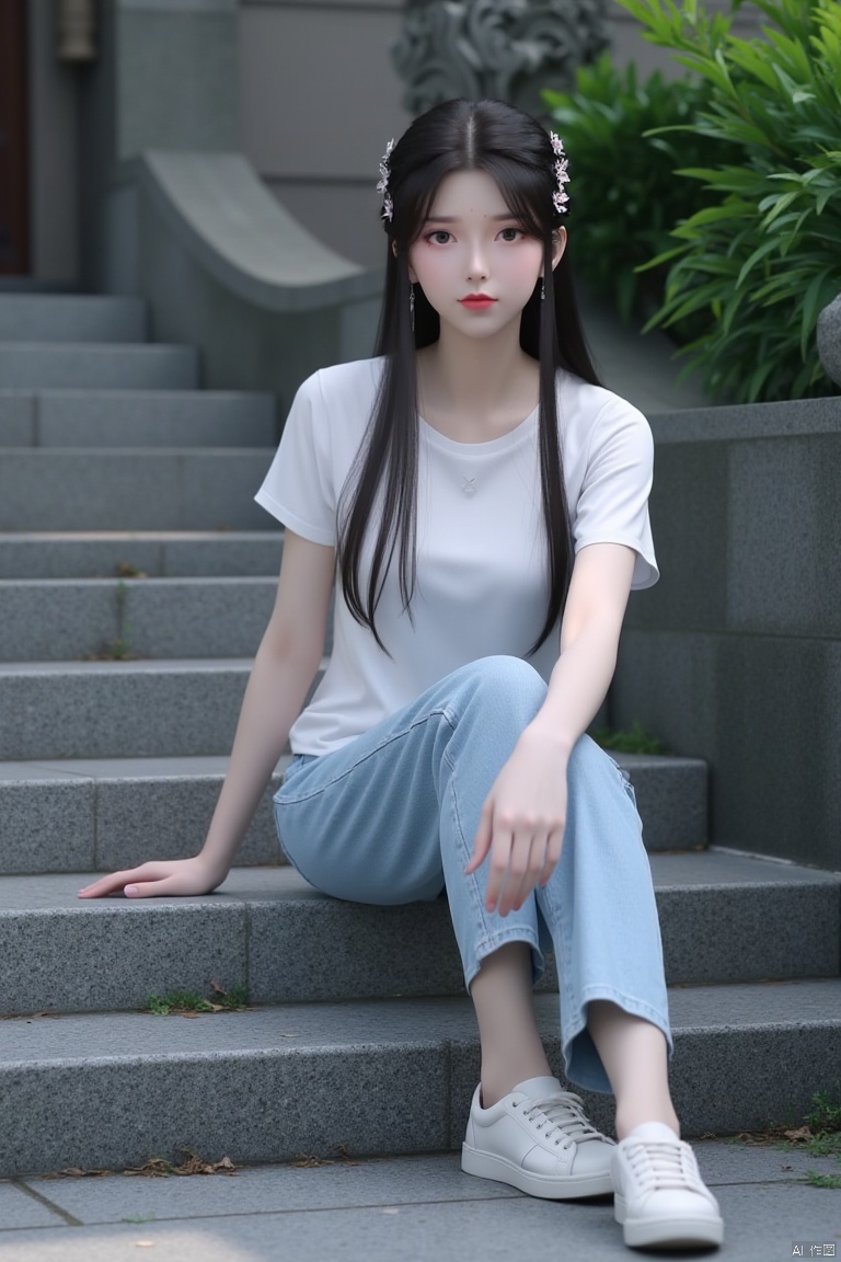 A serene 8K photo, eye shadow, red lips, Added a whimsical atmosphere. delicate face, A young woman with long black hair, wearing a white t-shirt and jeans, sat on a set of gray stone steps. The lady crossed the steps with her left leg and placed her right leg on the steps. She was wearing a pair of casual shoes with her right hand on her lap. The image background is clear, with green plants and stone carvings in the upper right corner. ﻿﻿
