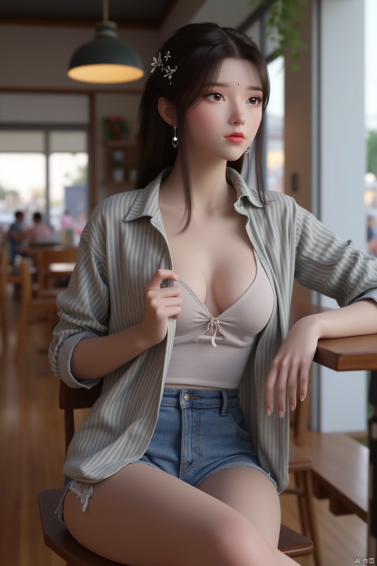 closeup portrait of a stunning Korean girl, a very short erotic, short hair, cleavage, in a cafe, wearing casual shirts and shorts, posing, cowboy shot, Perfect Composition, realistic photographic image, RAW photo highest quality, late afternoon, whole body, full body shot, legs
