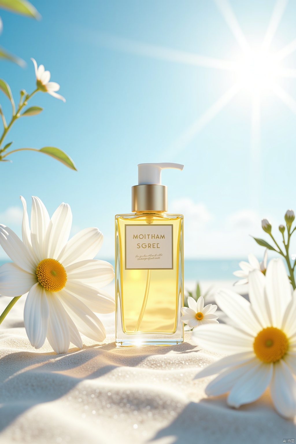 (best quality:1.3),realistic,(photorealistic:1.2),ultra high res,bottle,flower,white flower,plant,from above,product photography,no humans,still life,gradient,sky,beach,sunlight,white beach,lens_flare,bokeh,blue sky,lotion_bottle,Cosmetics,