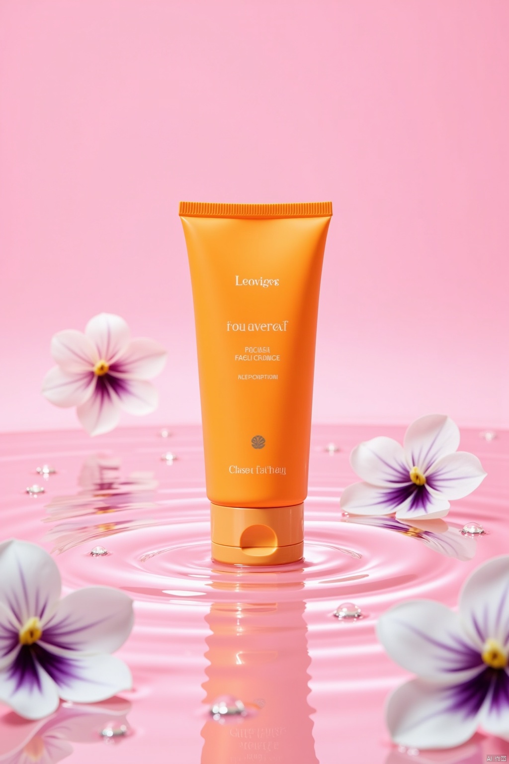 Image generation information: Advertisement shooting,a high-end packaged orange facial cleanser placed on water ripples,white transparent bubbles,blooming violets,blurry foreground,bright pink background,clean,minimalist,Chen Jialiang style,still life photography,different perspectives,