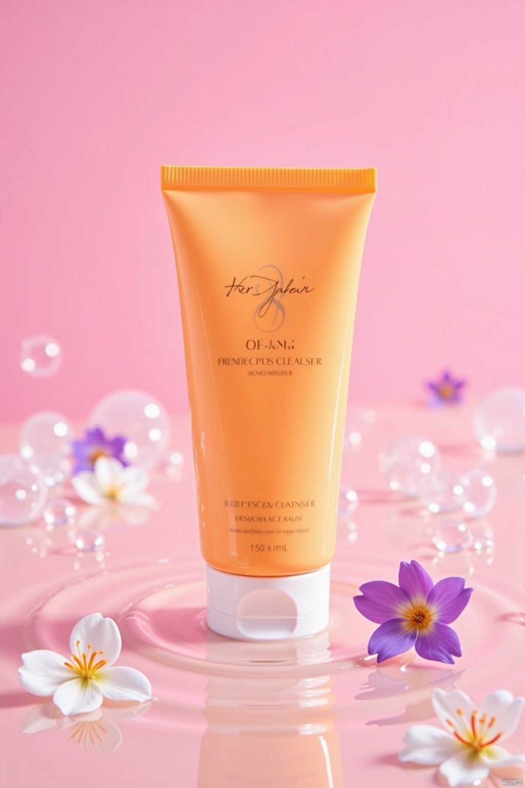 Image generation information: Advertisement shooting,a high-end packaged orange facial cleanser placed on water ripples,white transparent bubbles,blooming violets,blurry foreground,bright pink background,clean,minimalist,Chen Jialiang style,still life photography,different perspectives,