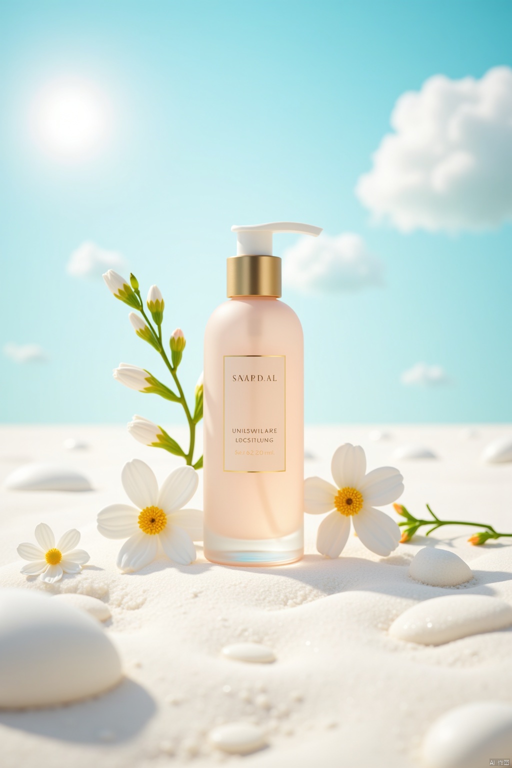 (best quality:1.3),realistic,(photorealistic:1.2),ultra high res,bottle,flower,white flower,plant,from above,product photography,no humans,still life,gradient,sky,beach,sunlight,white beach,lens_flare,bokeh,blue sky,lotion_bottle,Cosmetics,