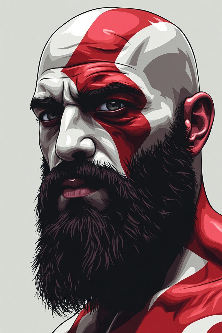 0rem0rhtennek,  A vector portrait close up of kratos god of war. the background is light gray. in the style of t0k on Tens...