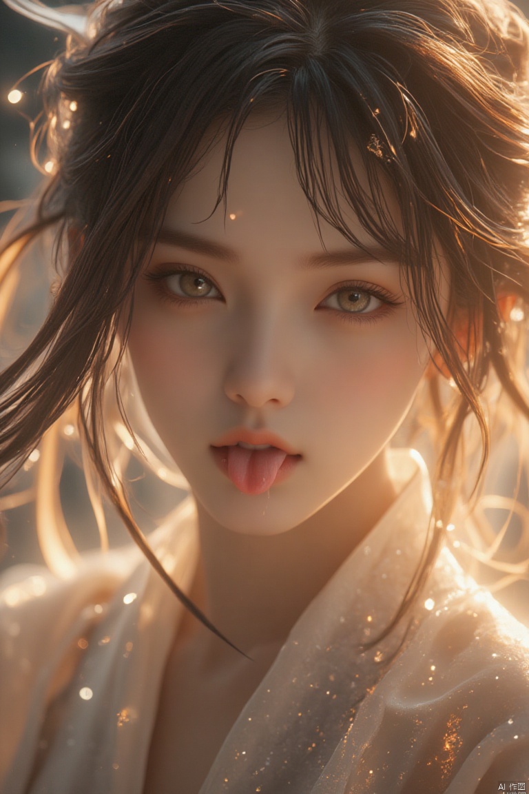 A masterpiece with best quality, ultra-detailed photography featuring a 星光狐狸精with 淡紫色毛发and a perfect face under soft, natural light. She wears a robe made of starlight and 透亮的液体, reflecting 霓虹灯光and shimmering with detailed pupils. The scene is framed with a color difference, capturing her alluring presence in HD, 32k resolution. The background showcases 紫薇星辰with super clean, 8k details, creating an official art, extremely detailed CG8k wallpaper. The composition is a full-body shot, highlighting the intricate details of the 淡紫色毛发, 魅惑表情, playful tongue, and a robe made of starlight, exuding an aura of mystique. She is depicted in the act of licking her lips, adding to her sensual allure.