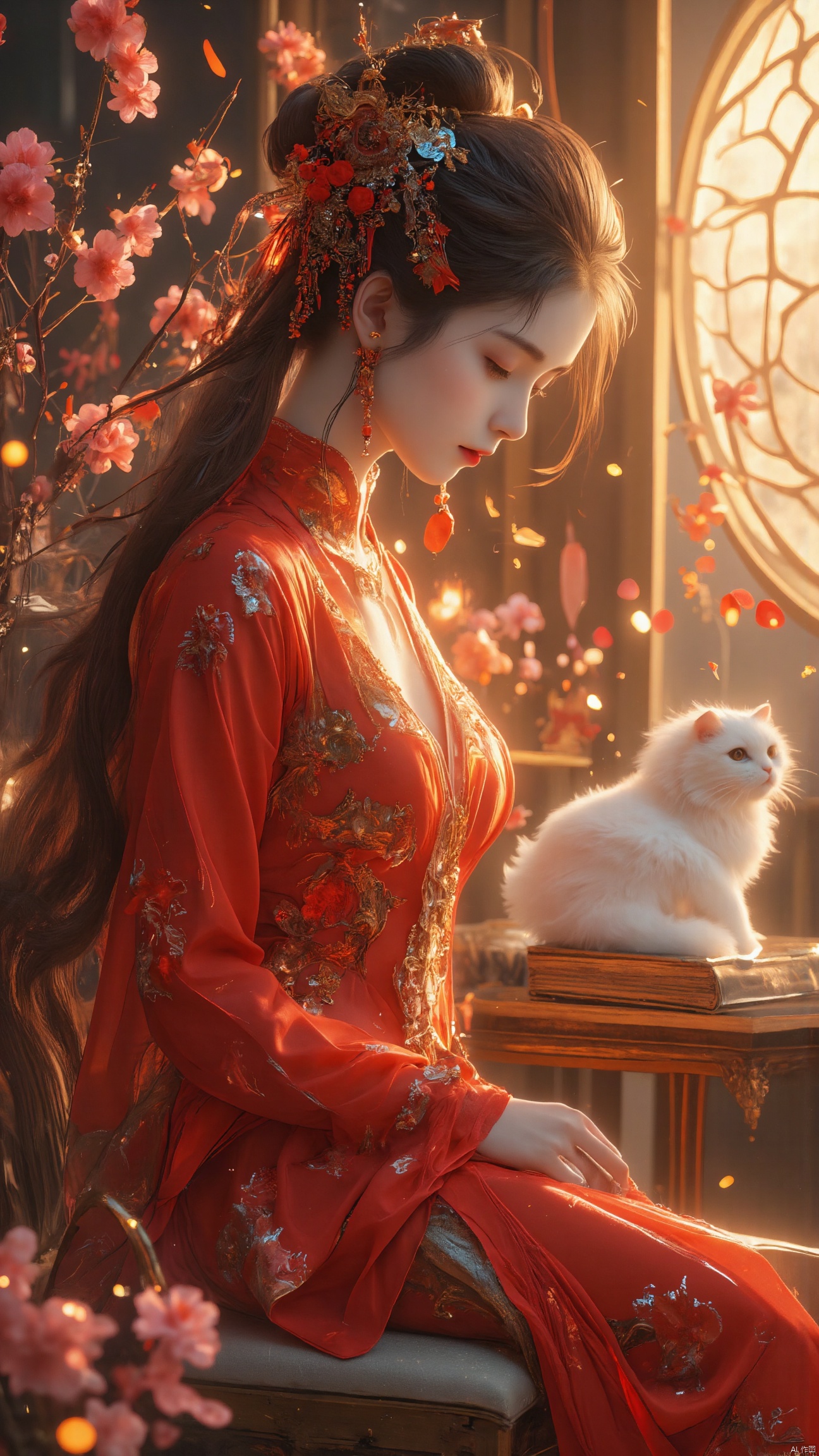 1girl,long hair,jewelry,earrings,single hair bun,(a white cat:1.4),chinese clothes,book,table,sitting,flower,circular window,window,dress,from side,hair ornament,hair bun,long sleeves,red dress,black hair,indoors,looking down,profile,brown hair,candle,light,GFGF,