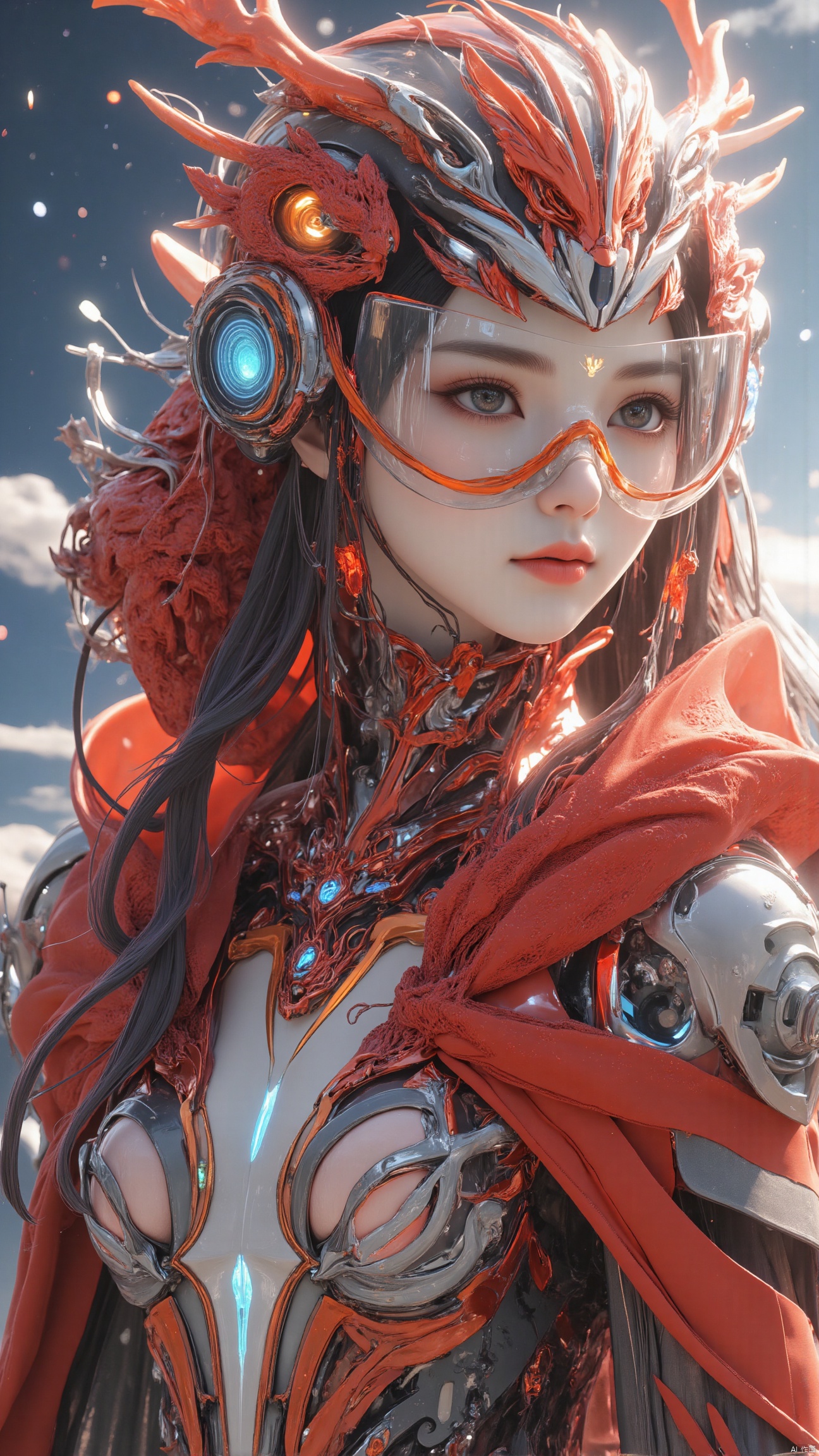 masterpiece, best quality, ultra-detailed, detailed pupils, photography, pale, high quality, top CG rendering, highest quality, ultra-clear, ultra-detailed,(Charming Beauty's Face, Mechanical Body),Cyberpunk Mech,(Phoenix Helmet),(Glass Sealed Mask),Oriental Beauty,Starry Sky Background,Detail Sculpture,Master,Full body Mech Reflective,Octane Rendering,Metallic Gloss,Fire Red Mech Armor,(Dragon Embroidered Cloak),Fluorescent Liquid Flow,Metal Transparent Infusion Tube,(Masterpiece),Illustrations,Best Quality,Very Detailed CG,8k Wallpaper,Extremely exquisite and beautiful,game cg (full body photo),streamlined figure,slender thighs,cyber shin armor,surreal realism,(realistic style),solo,ultra details,(telephoto lens),(ultra fine details),(CG rendering),, 8k Wallpapers, good figure, HD, 32k , best quality, 8k, super clean,xihua
