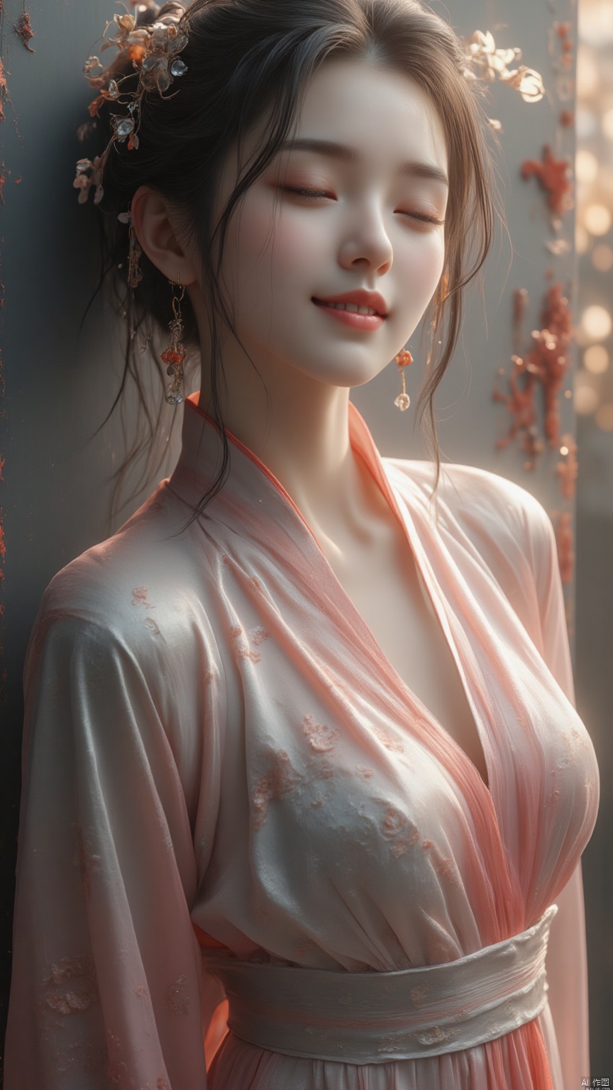 A highly detailed game CG with studio quality, featuring a fisheye lens shot. The subject is a woman in a silk, multicolored gradient Hanfu, leaning against a wall with her head tilted back, eyes closed, and a shy, blushing smile. She has big breasts and is captured from a top-down perspective. The scene is backlit, emphasizing the CG-level details and Chinese aesthetic.
