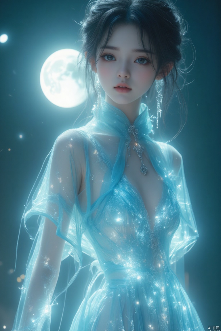 High-detail game CG, studio quality, Chinese-style setting. A young girl in a pale cyan gauze mini-dress, illuminated by a radiant white moonlight. The dress appears to be composed of shimmering moonlight, with intricate patterns of sparkling stars. She stands in a serene landscape, the moonlight casting a soft glow on her form. The composition highlights her ethereal beauty, with the moonlight enhancing the delicate texture of her dress. The scene is rendered with CG effects, capturing the magical interplay of light and fabric.