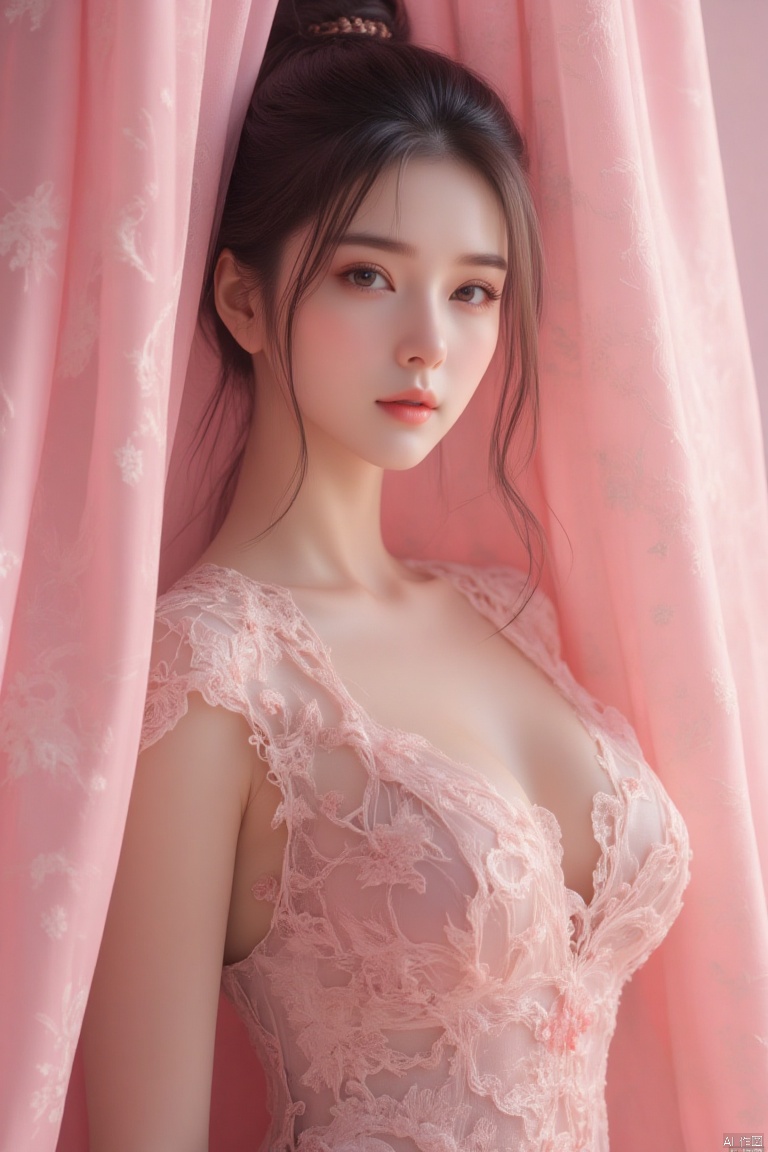 A mature, stunning woman in a qipao dress with intricate lace detailing and a pale pink hue, the fabric slightly translucent, revealing her voluptuous figure with ample breasts. The scene is framed in a high-quality studio setting, with soft, diffused lighting creating a gentle pink glow around her. Her skin is smooth and translucent, with a subtle sheen of sweat, capturing a moment of elegance and allure. The composition focuses on her confident expression and the delicate lace embroidery of her dress, with a clean, minimalist background.