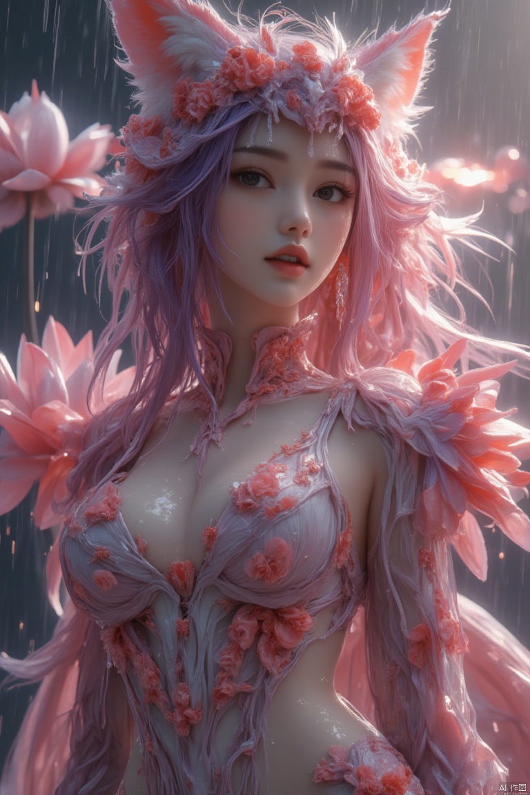 A highly detailed game CG with studio quality, shot using a fisheye lens. The subject is illuminated with bright lighting, showcasing a seductive, alluring fox-like face with intricate facial details, including a captivating, alluring smile with slightly curved eyes and a subtle smirk at the corner of the mouth. She has a voluptuous figure with large breasts, a slender waist, ample hips, and long legs. She wears a revealing bikini-style armor made of lotus flowers, with intricate details, fluorescent elements, and a wet, glossy appearance, all with gradient colors and extreme gloss. The image features a full-body shot, with the subject appearing sweaty and glistening under a torrential downpour, covered in viscous liquid. The overall style is Chinese-inspired, with CG-level detail throughout.
