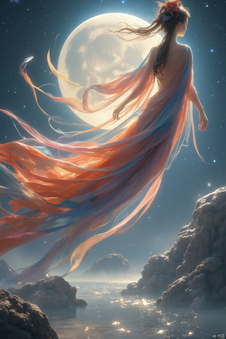 High-detail game CG, studio quality, Chinese-style setting. Chang'e flying towards a large, luminous moon, wearing a translucent, rainbow-colored dress with long, trailing ribbons. She ascends gracefully, her dress and ribbons billowing in the wind, backlit by starlight. The scene captures her ethereal beauty and the mystical atmosphere of her journey, with flowing water below. The composition emphasizes the grandeur of the moon and the delicate movement of her attire, with the water's reflection adding depth. The scene is rendered with CG effects, highlighting the magical and majestic nature of Chang'e's flight, with the interplay of light and fabric creating an otherworldly ambiance.