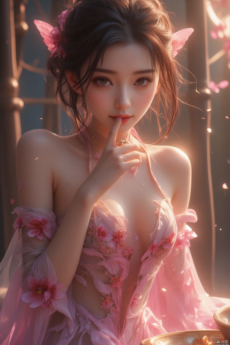 A highly detailed game CG with studio quality, shot through a fisheye lens. The scene is backlit, featuring a woman with a seductive smile, her fingers inserted into her mouth. She sits on a dining table, looking up with a flirtatious gaze. She wears a layered, gradient-colored bamboo leaf top, chrysanthemum petals for the skirt, and orchid sleeves. Her legs are adorned with plum blossom stockings. The image showcases intricate facial details, ultra-glossy and fluorescent elements, and a full-body view. The woman has a slim waist, voluptuous hips, and large breasts. The style is distinctly Chinese, with CG-level detail, accurate hand and finger positioning.