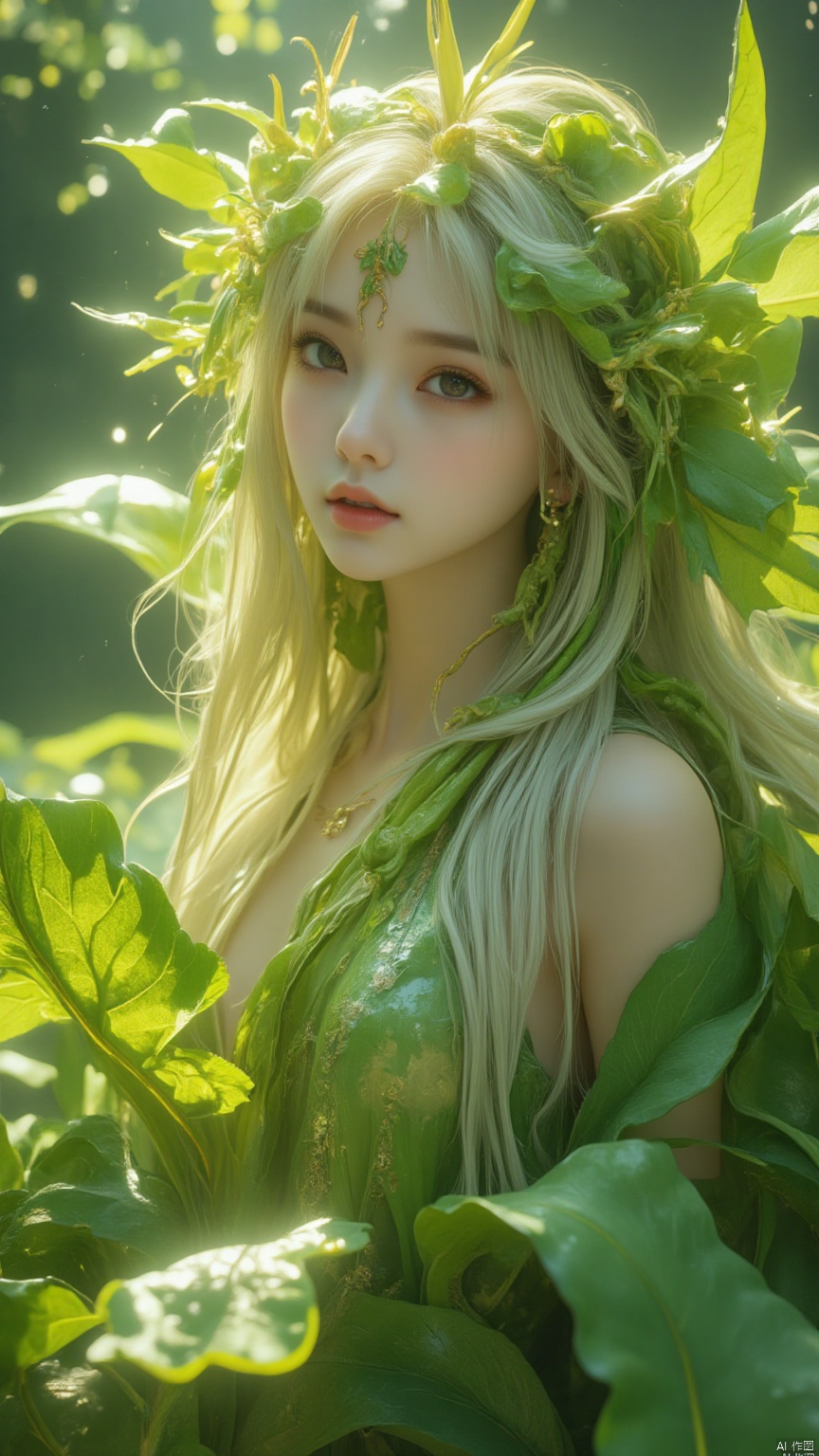 A captivating portrait of a bok choy spirit, a bewitching woman with ethereal features and flowing white-green hair. She is adorned with bok choy leaves and stems, creating a mystical and alluring look. The scene is set in a serene garden with lush greenery and soft sunlight filtering through the leaves. The composition is balanced, with the bok choy spirit in the center, surrounded by vibrant foliage. The lighting is soft and warm, enhancing the magical and serene atmosphere.