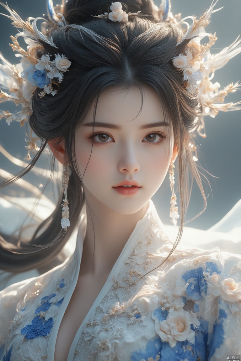 A highly detailed game CG with studio quality, featuring a fisheye lens and a bird's-eye view. The scene showcases a breathtakingly beautiful woman adorned in exquisite Qinghua porcelain-inspired attire, with intricate blue and white patterns. She wears delicate floral hairpins, adding a touch of elegance and femininity. Her features are finely detailed and captivating, exuding an ethereal presence. The composition emphasizes her graceful yet commanding stance, with the distorted perspective of the fisheye lens adding a dramatic flair. The backlight setting enhances her radiant allure, while the intricate textures and dynamic lighting create a visually stunning environment. The shot captures her entire figure, highlighting her elegance and poise from a unique, elevated angle.