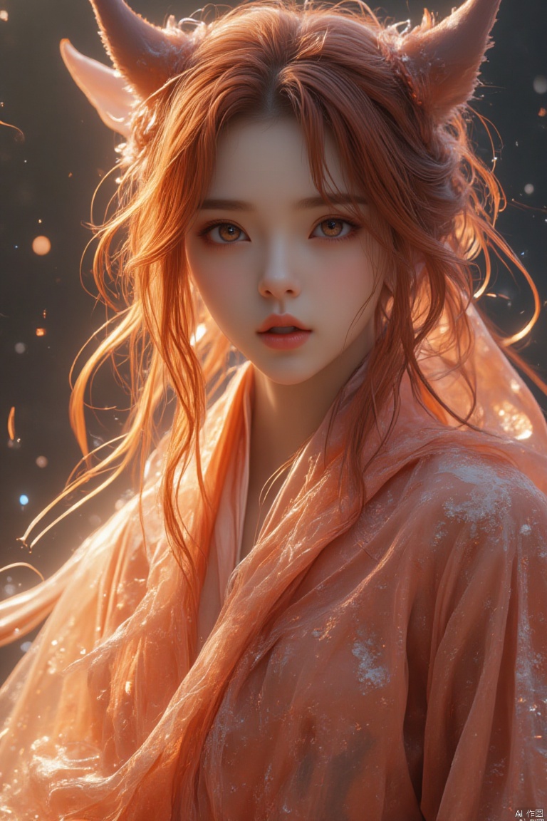 A masterpiece with best quality, ultra-detailed photography featuring an 橘红色狐狸精with a perfect face and 狐狸面纱under soft, natural light. She wears a robe made of starlight and 透亮的液体, reflecting 霓虹灯光and shimmering with detailed pupils. The scene is framed with a color difference, capturing her alluring presence in HD, 32k resolution. The background showcases 紫薇星辰with super clean, 8k details, creating an official art, extremely detailed CG8k wallpaper. The composition is a full-body shot, highlighting the intricate details of the 橘红色tones and starlight robe, exuding an aura of mystique. She has a 魅惑的表情, 潮红cheeks, and a playful tongue.