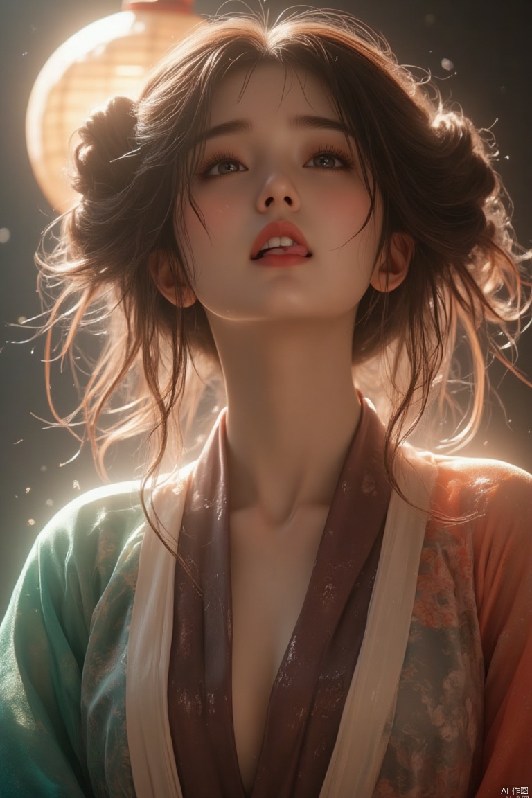 A highly detailed game CG with studio quality, shot using a fisheye lens. The subject is a woman wearing a silk, multicolored gradient Hanfu, looking up with a seductive gaze, her head tilted back. She has big breasts and is framed from a top-down perspective. The scene is illuminated by backlighting, emphasizing her sweat-soaked face and glistening skin. She has a playful expression, sticking out her tongue mischievously. The setting is distinctly Chinese, with CG-level details capturing every nuance of the scene.