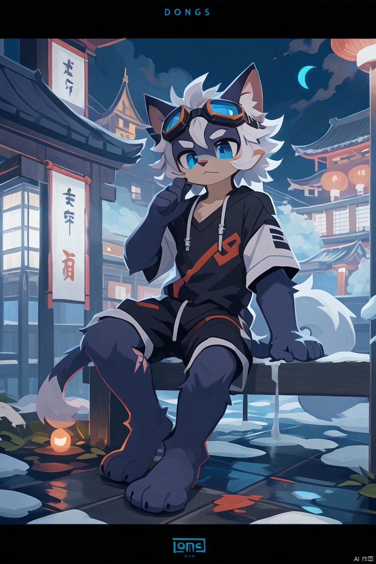 A dynamic scene unfolds as the muscular male, sporting goggles on his forehead and a collarbone-length haircut with messy curls, dons cat ears and a Hand Strap. His red and blue eyes gleam amidst thick eyebrows. A scar adorns his nose. He stands barefoot, wearing a T-shirt under a furry coat, doggy eyes . His curly hair sticks out in every direction, and thick eyebrows frame his gaze.,bandaid on leg,Chinese architecture, torii, solo,Leaks out of the right shoulder, blue fire,neon light, cityscape,White balayage,Orange scrubbed white hair,Expose right shoulder,no shoes,barefoot,ultra detailed fur,ice,snow, onnk,