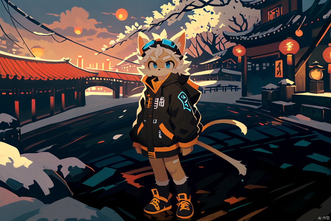 A dynamic scene unfolds as the muscular male, sporting goggles on his forehead and a collarbone-length haircut with messy curls, dons cat ears and a Hand Strap. His red and blue eyes gleam amidst thick eyebrows. A scar adorns his nose. He stands barefoot, wearing a T-shirt under a furry coat, doggy eyes . His curly hair sticks out in every direction, and thick eyebrows frame his gaze.,bandaid on leg,Chinese architecture, torii, solo,Leaks out of the right shoulder, blue fire,neon light, cityscape,White balayage,Orange scrubbed white hair,Expose right shoulder,no shoes,barefoot,ultra detailed fur,ice,snow, onnk,