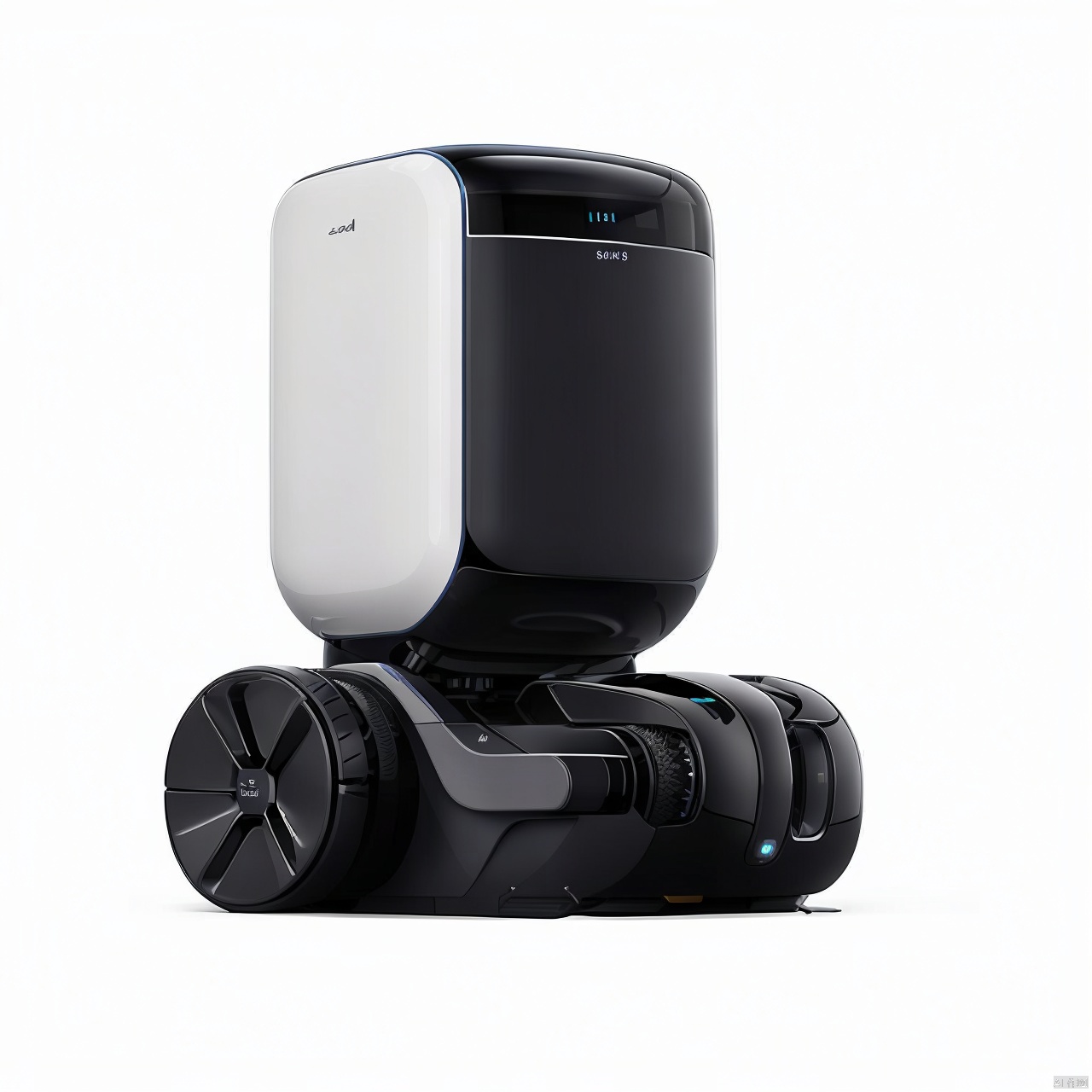 A sweeper product design with a sweeper and a base station on a white background, product design,product render,robot