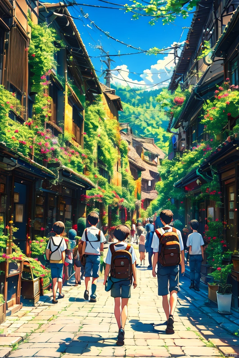 short hair, multiple girls, shirt, black hair, outdoors, multiple boys, shorts, day, bag, tree, backpack, plant, building, child, scenery, walking, 6+boys, road, street