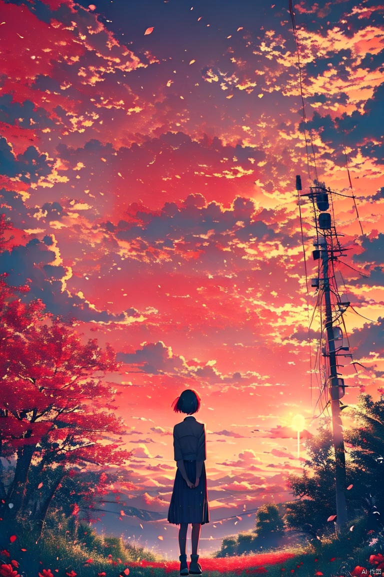 1girl, solo, short hair, skirt, black hair, standing, outdoors, sky, shoes, cloud, from behind, tree, petals, cloudy sky, grass, scenery, sunset, sun, wide shot, power lines, utility pole, red sky
