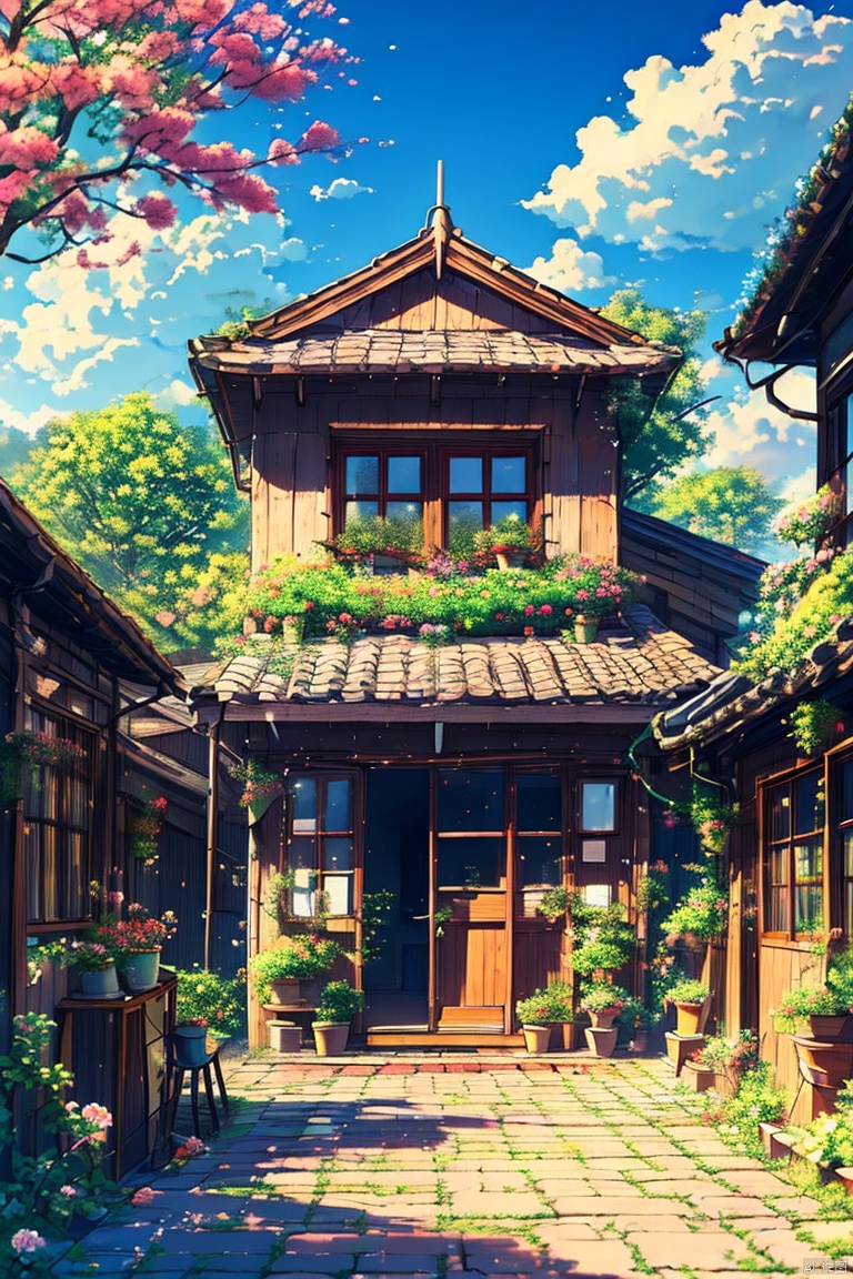 flower, outdoors, sky, day, cloud, tree, blue sky, no humans, window, cloudy sky, plant, building, scenery, door, road, house