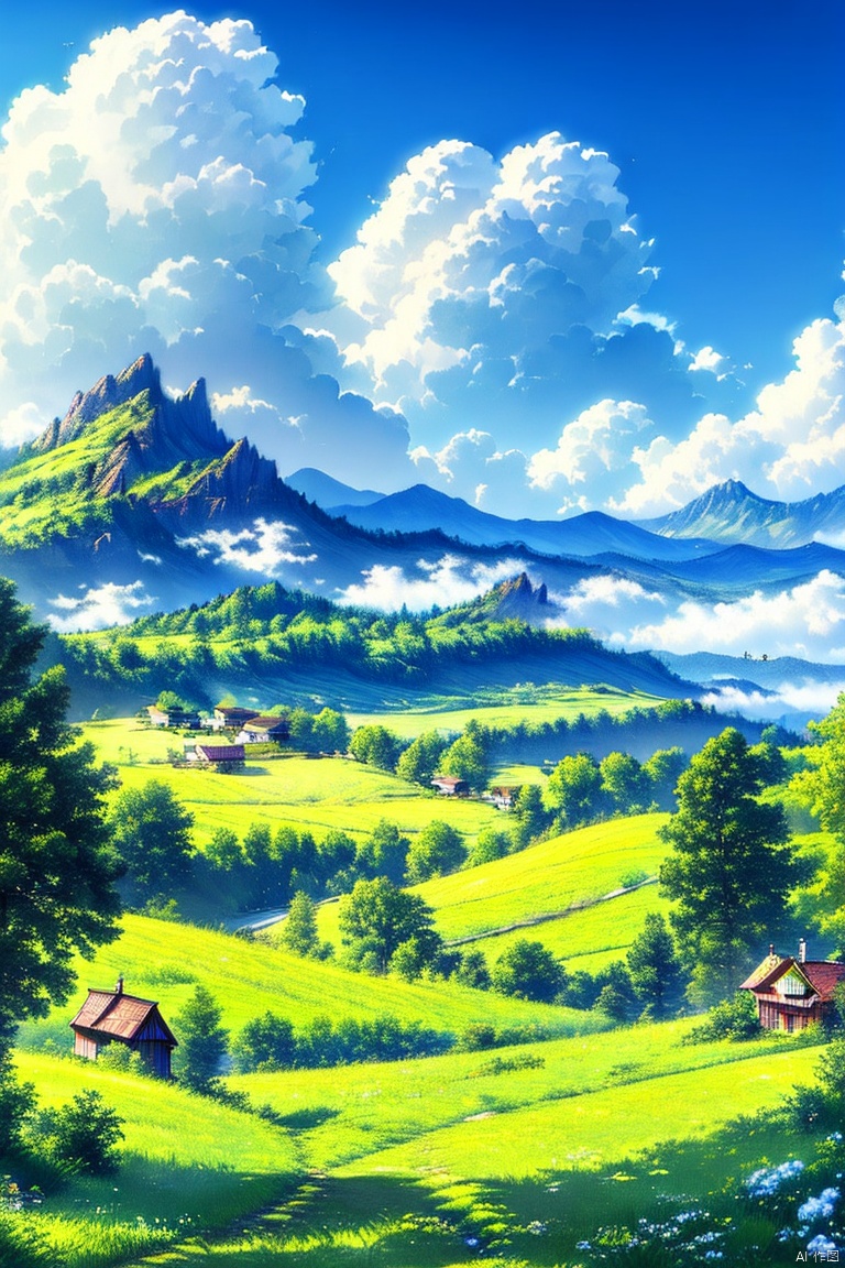 outdoors, sky, day, cloud, tree, blue sky, no humans, cloudy sky, grass, building, nature, scenery, mountain, road, house, landscape