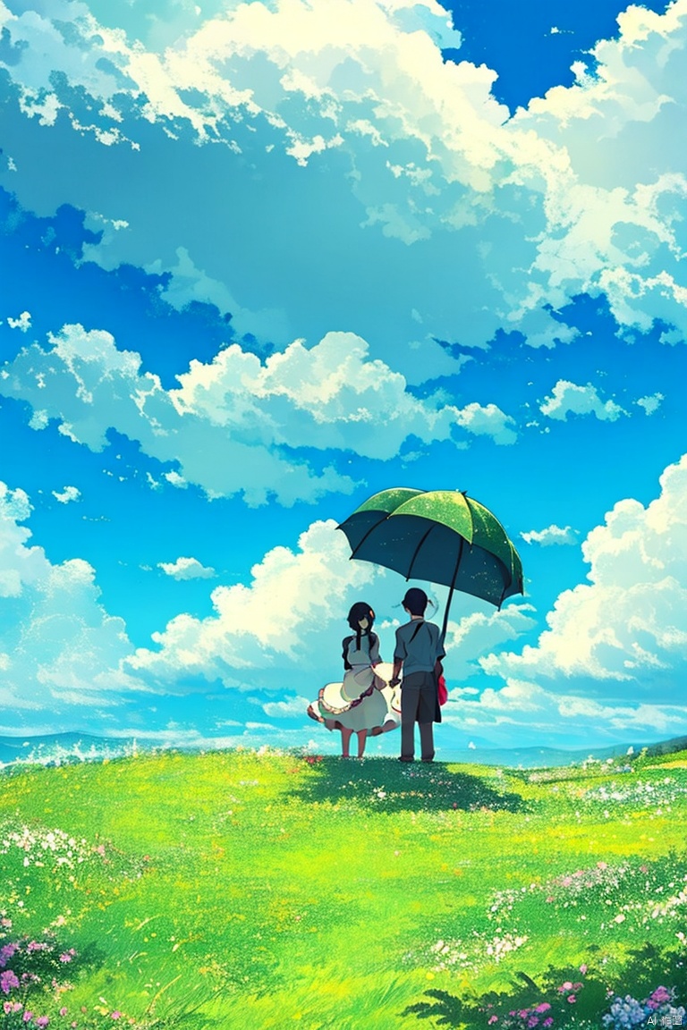 1girl, black hair, 1boy, hat, dress, holding, flower, outdoors, sky, day, cloud, apron, holding hands, umbrella, parody, grass, palette \(object\), canvas \(object\), easel