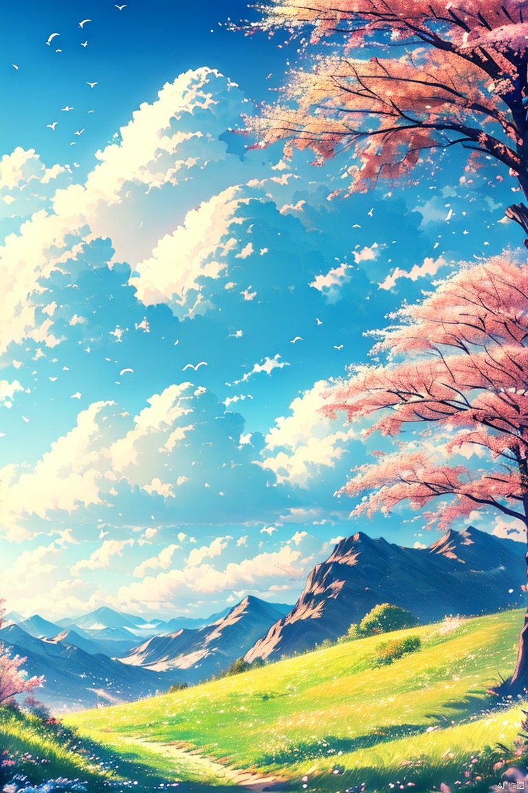 outdoors, sky, day, cloud, tree, blue sky, petals, no humans, bird, cloudy sky, grass, cherry blossoms, scenery, mountain