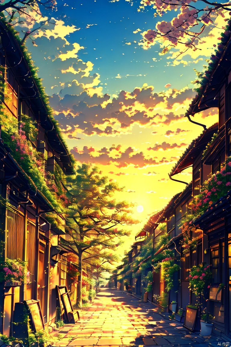 flower, outdoors, sky, cloud, tree, no humans, window, sunlight, plant, building, scenery, sunset, sun, house