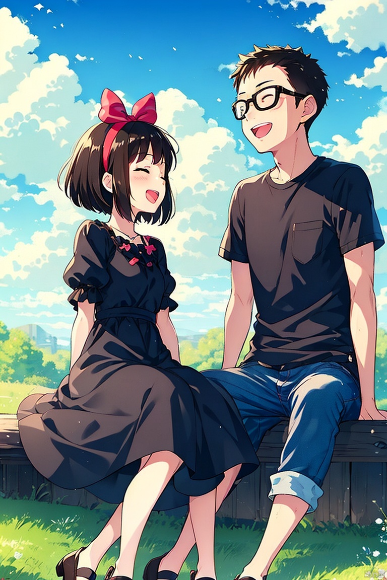 1girl, smile, short hair, brown hair, shirt, black hair, 1boy, dress, bow, sitting, closed eyes, hair bow, hairband, outdoors, sky, glasses, day, striped, cloud, black dress, striped shirt, kiki \(majo no takkyuubin\)