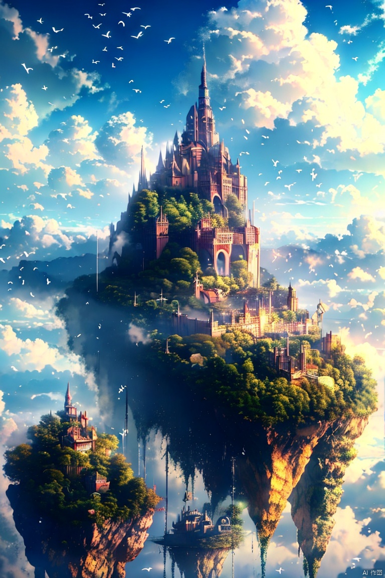 outdoors, sky, day, cloud, water, tree, blue sky, no humans, bird, cloudy sky, building, scenery, city, fantasy, floating island