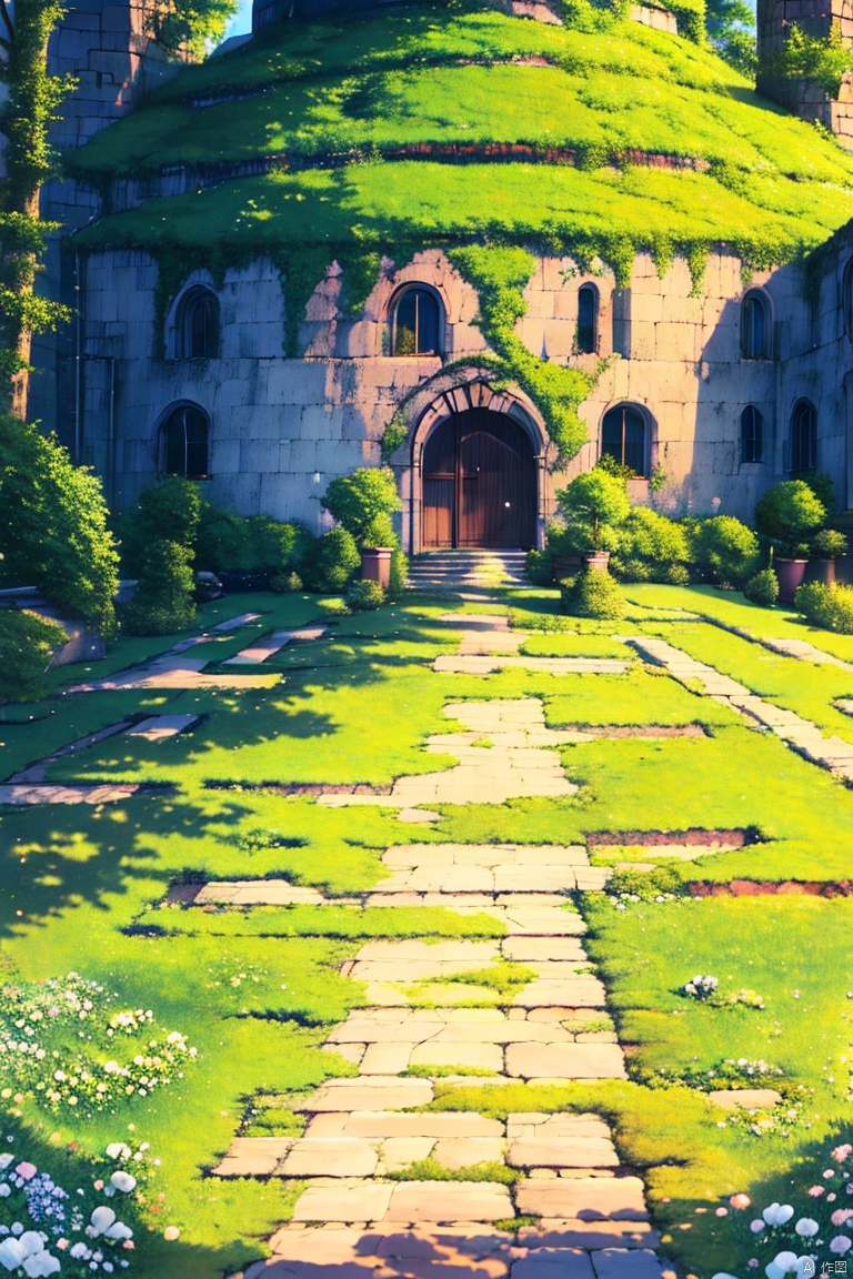 flower, outdoors, tree, no humans, grass, plant, white flower, building, scenery, moss