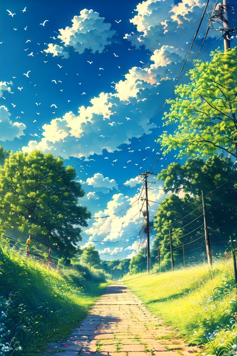 outdoors, sky, day, cloud, tree, blue sky, no humans, bird, leaf, cloudy sky, grass, scenery, road, power lines, utility pole