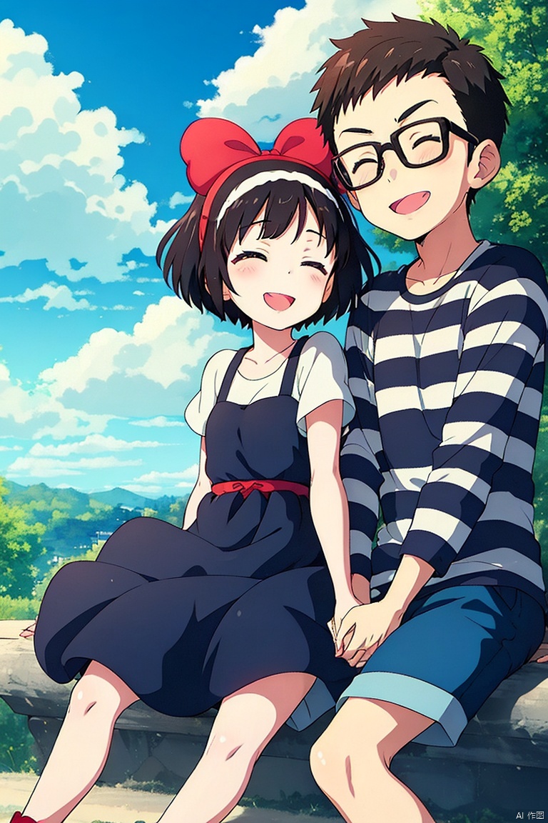 1girl, smile, short hair, brown hair, shirt, black hair, 1boy, dress, bow, sitting, closed eyes, hair bow, hairband, outdoors, sky, glasses, day, striped, cloud, black dress, striped shirt, kiki \(majo no takkyuubin\),Hayao Miyazaki,qfl