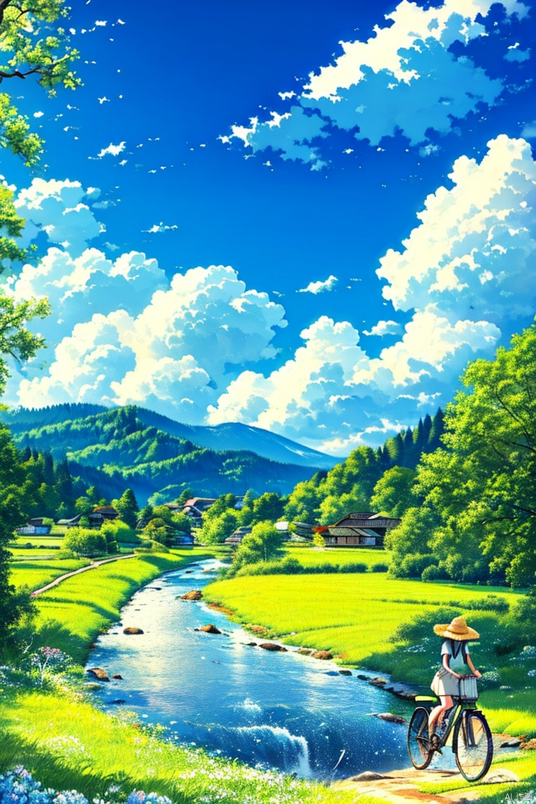 1girl, solo, skirt, hat, flower, outdoors, sky, day, cloud, water, bag, tree, blue sky, grass, ground vehicle, scenery, straw hat, road, river, bicycle, railroad tracks