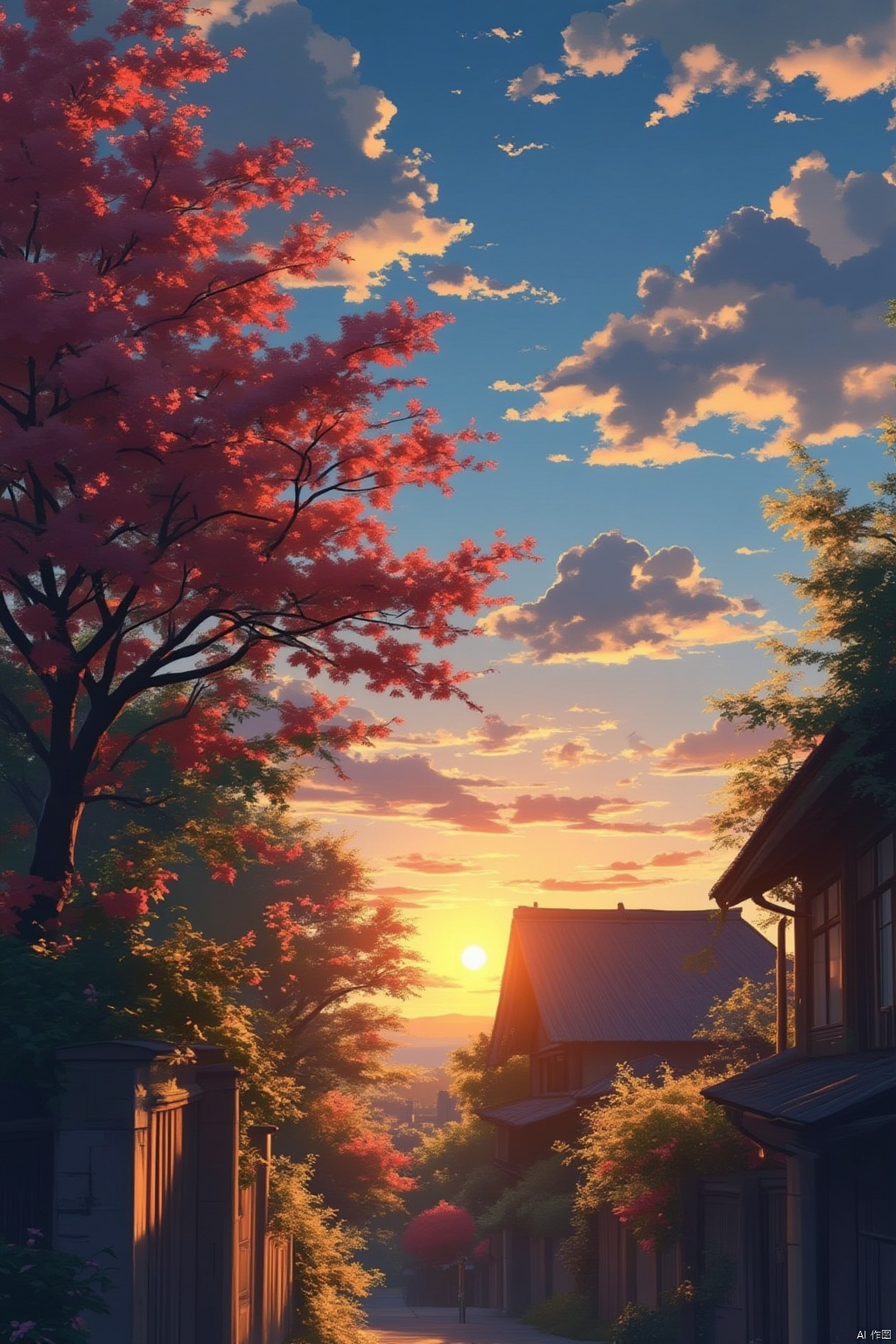 flower, outdoors, sky, cloud, tree, no humans, window, sunlight, plant, building, scenery, sunset, sun, house