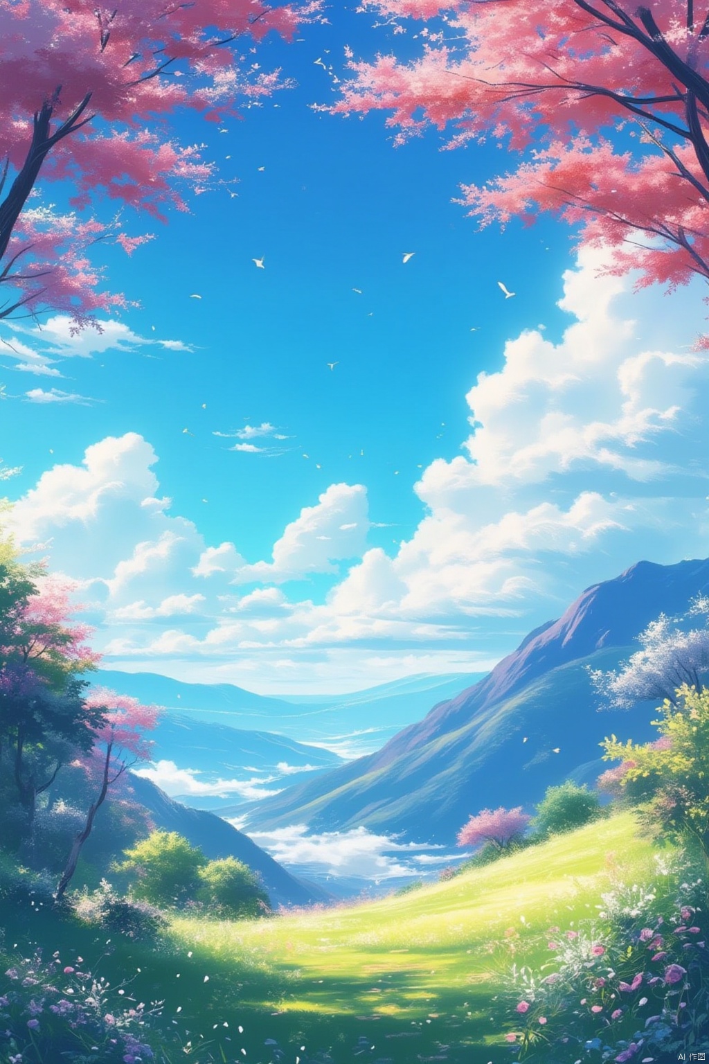 outdoors, sky, day, cloud, tree, blue sky, petals, no humans, bird, cloudy sky, grass, cherry blossoms, scenery, mountain