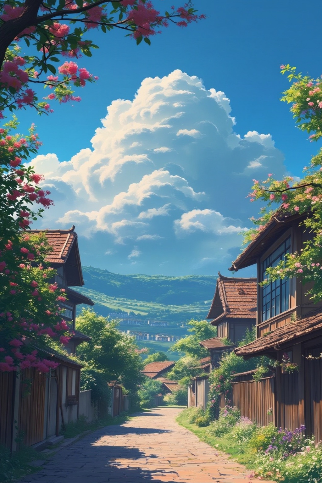 flower, outdoors, sky, day, cloud, tree, blue sky, no humans, window, cloudy sky, plant, building, scenery, door, road, house