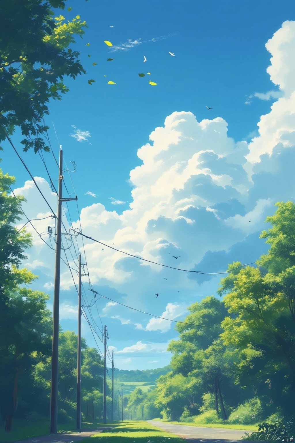 outdoors, sky, day, cloud, tree, blue sky, no humans, bird, leaf, cloudy sky, grass, scenery, road, power lines, utility pole