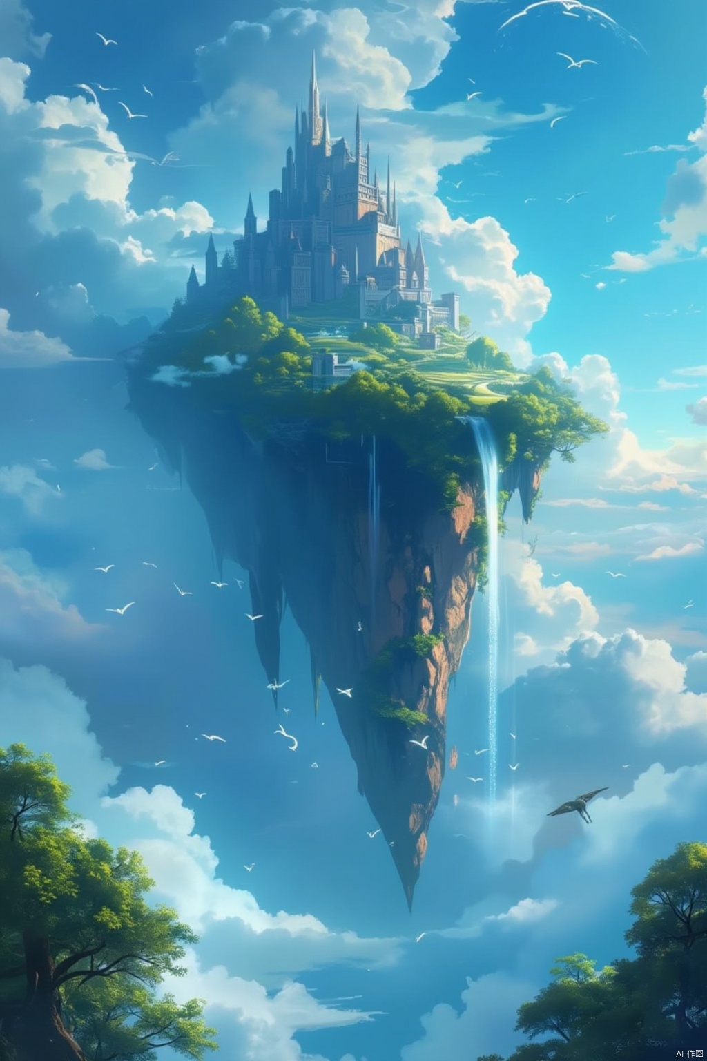 outdoors, sky, day, cloud, water, tree, blue sky, no humans, bird, cloudy sky, building, scenery, city, fantasy, cityscape, waterfall, floating island