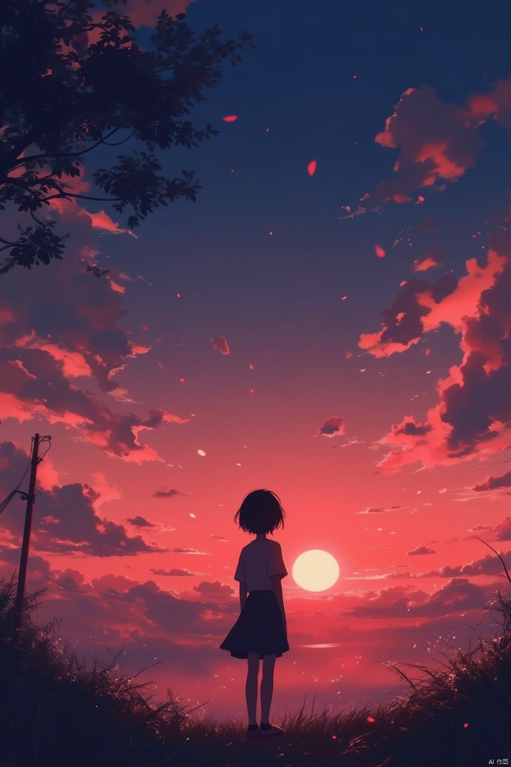 1girl, solo, short hair, skirt, black hair, standing, outdoors, sky, shoes, cloud, from behind, tree, petals, cloudy sky, grass, scenery, sunset, sun, wide shot, power lines, utility pole, red sky