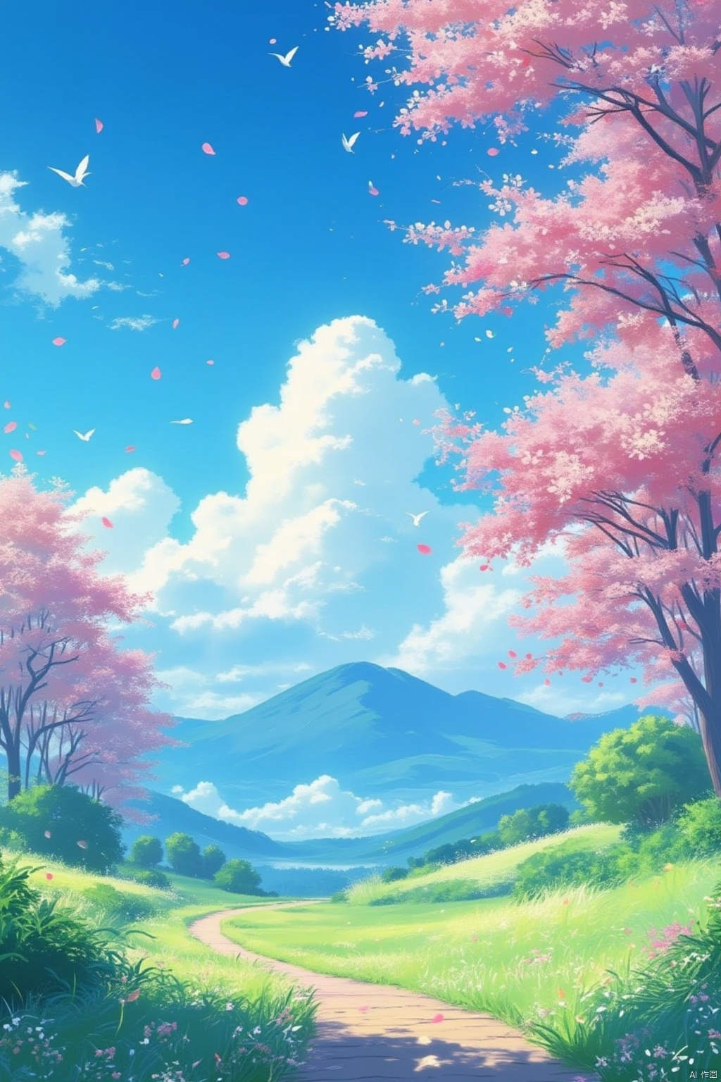 outdoors, sky, day, cloud, tree, blue sky, petals, no humans, bird, cloudy sky, grass, cherry blossoms, scenery, mountain