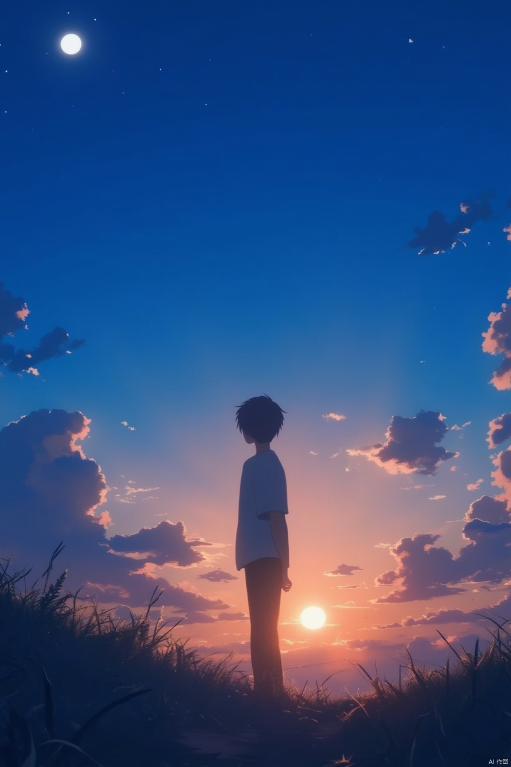 solo, short hair, shirt, black hair, 1boy, standing, white shirt, male focus, outdoors, sky, pants, cloud, tree, blue sky, moon, grass, ground vehicle, scenery, sunset, sun, bicycle