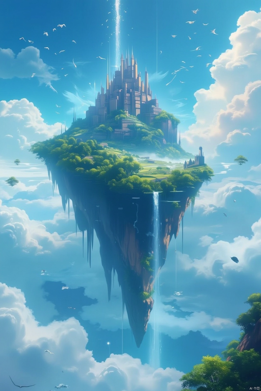 outdoors, sky, day, cloud, water, tree, blue sky, no humans, bird, cloudy sky, building, scenery, city, fantasy, cityscape, waterfall, floating island