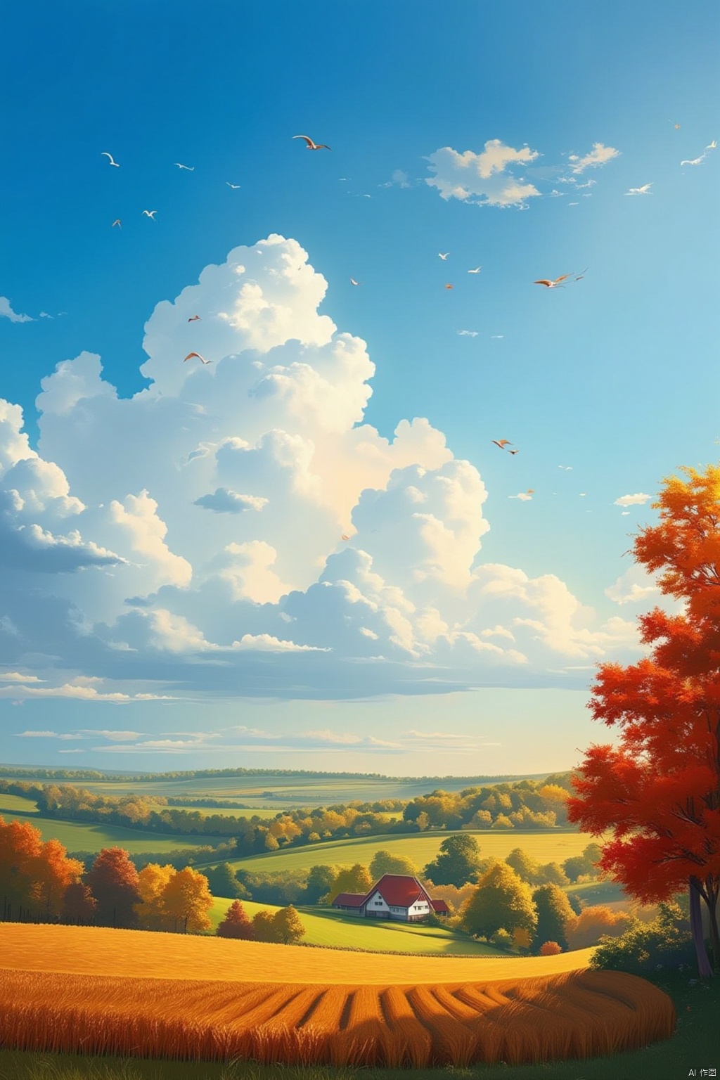 outdoors, sky, day, cloud, tree, blue sky, no humans, window, bird, leaf, grass, building, scenery, road, autumn leaves, field, house, autumn