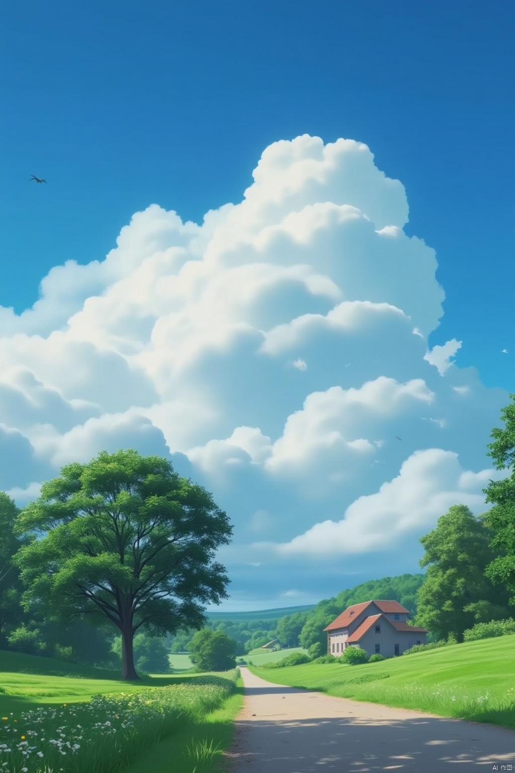 outdoors, sky, day, cloud, signature, tree, blue sky, no humans, cloudy sky, grass, scenery, road, house