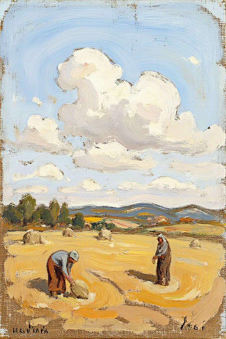 "A vast countryside landscape in alla prima,  featuring a large open field with scattered haystacks under a bright,  expan...