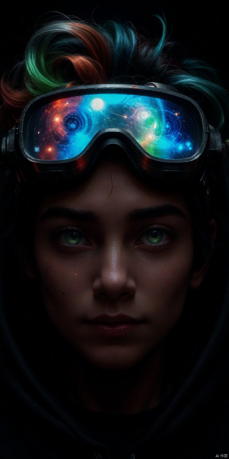 Through a swirling wormhole, the Wormhole Messenger's silver-streaked hair flows back as they crouch, gazing through high-tech goggles. The eerie glow of the wormhole's energy envelops them, casting an otherworldly light on their determined face. In the midst of this cosmic phenomenon, the messenger's pose exudes a sense of calculated risk and scientific curiosity.