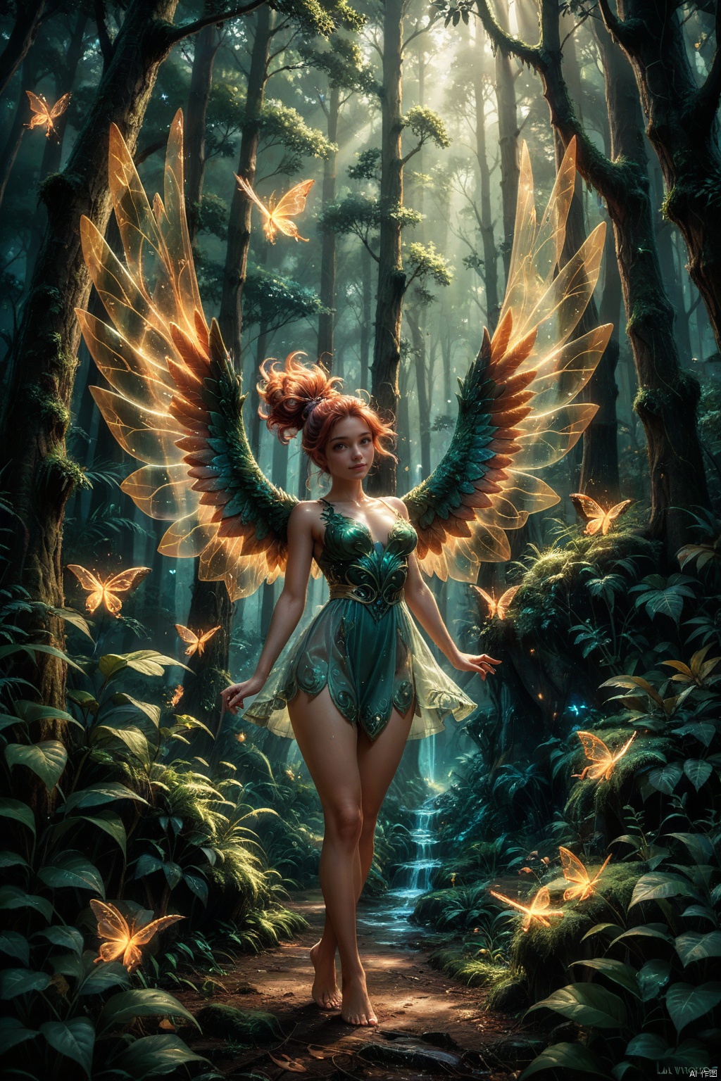A radiant sprite soars through the air: A beam of laser light illuminates its transparent wings, delicate facial features, and a mesmerizing fantasy forest background. The sprite's exquisite body glistens with an ethereal glow as it unfurls its wings in a majestic flying pose, surrounded by misty trees and lush foliage.,score_9 score_8_up score_7_up,